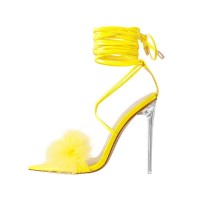 Pointed Open Toe Stiletto Transparent Heels Gladiator Lace Up Furry Sandals - Yellow Patent