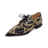 Pointed Toe Western Lace Up Snake Print Loafer Oxford Shoes - Gold Black
