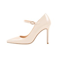 Stiletto Heels Pointed Toe Mary Janes Patent Pumps - Beige