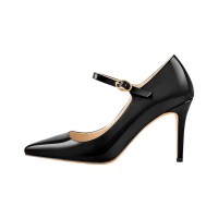 Stiletto Heels Pointed Toe Mary Janes Patent Pumps - Black