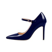 Stiletto Heels Pointed Toe Mary Janes Patent Pumps - Blue