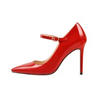 Stiletto Heels Pointed Toe Mary Janes Patent Pumps - Red