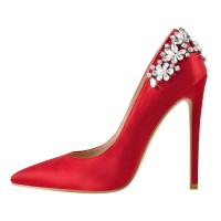 Pointed Toe Flower Rhinestones Stiletto Heels Party Pumps - Red Satin Fabric