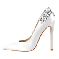 Pointed Toe Flower Rhinestones Stiletto Heels Party Pumps - White Satin Fabric