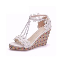 Peep Toe Platforms T Straps Wedges Bride Wedding Sandals - White