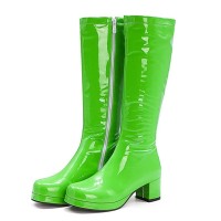 Round Toe Side Zipper Low Platforms Chunky Heels Knee Highs Candy Color Rain Boots - Green Patent