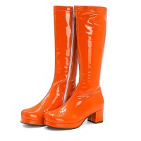 Round Toe Side Zipper Low Platforms Chunky Heels Knee Highs Candy Color Rain Boots - Orange Patent