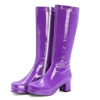 Round Toe Side Zipper Low Platforms Chunky Heels Knee Highs Candy Color Rain Boots - Purple Patent