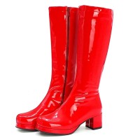 Round Toe Side Zipper Low Platforms Chunky Heels Knee Highs Candy Color Rain Boots - Red Patent