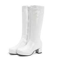 Round Toe Side Zipper Low Platforms Chunky Heels Knee Highs Candy Color Rain Boots - White Patent