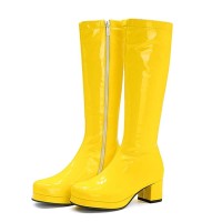 Round Toe Side Zipper Low Platforms Chunky Heels Knee Highs Candy Color Rain Boots - Yellow Patent