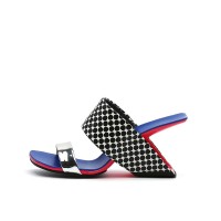 Peep Toe Genuine Leather Strange Heels Sandals Slippers - White Black Dot