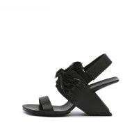 Peep Toe Genuine Leather Decorated Lace Up Slingback Strange Heels Sandals - Black