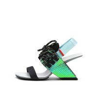 Peep Toe Genuine Leather Decorated Lace Up Slingback Strange Heels Sandals - Green