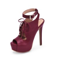 Stiletto Heels Peep Toe Ankle Buckle Straps Platforms Lace Up Pumps Sandals - Wine Red