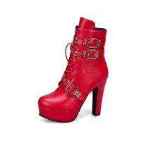 Round Toe Cuban Heels Ankle Buckle Straps Platforms Autumn Booties with Side Zipper - Red