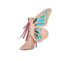 Pointed Toe Stiletto Heels Ankle Lace Up Butterfly Wings Sequin Boots with Zipper - Pink