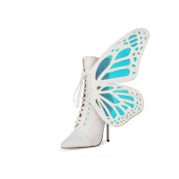 Pointed Toe Stiletto Heels Ankle Lace Up Butterfly Wings Sequin Boots with Zipper - White
