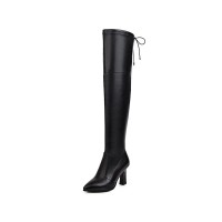 Chunky Heels Pointed Toe Autumn Pull On Knee High Boots - Black