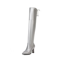 Chunky Heels Pointed Toe Autumn Pull On Knee High Boots - Silver