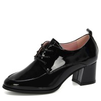 Round Toe Chunky Heels Loafer British Style Low Top Loafers - Black