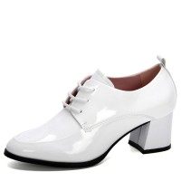 Round Toe Chunky Heels Loafer British Style Low Top Loafers - White
