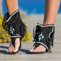 Vintage Style Ankle Hhg Fringes Flip Flop Flats Seashell Summer Beach Sandals - Black Flock