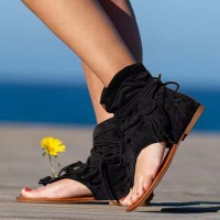 Vintage Style Ankle Hhg Fringes Flip Flop Flats  Summer Beach Sandals - Black Flock