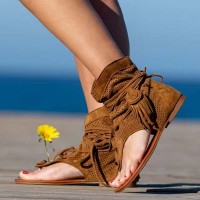 Vintage Style Ankle Hhg Fringes Flip Flop Flats  Summer Beach Sandals - Brown Flock