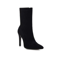 Pointed Toe Stiletto Heels Ankle High Side Zipper Flock Boots  - Black