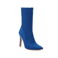 Pointed Toe Stiletto Heels Ankle High Side Zipper Flock Boots  - Blue
