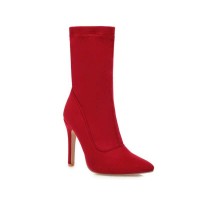 Pointed Toe Stiletto Heels Ankle High Side Zipper Flock Boots  - Red