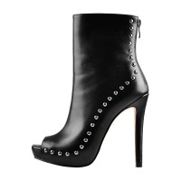 Peep Toe Low Platforms Stiletto Heels Rivets Punk Gothic Back Zipper Ankle Highs Booties - Black Faux Leather