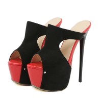 Peep Toe Stiletto Heels Platforms Double Color Sandals - Black Red Flock