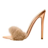 Pointed Open Toe Stiletto Heels Fur Decorated Sandals Slippers - Beige Patent Fur