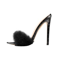 Italian Heel Peep Toe Artificial Fur Slip On Summer Sandals - Black