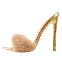 Pointed Open Toe Stiletto Heels Fur Crocodile Pattern Sandals Slippers - Gold Patent Fur