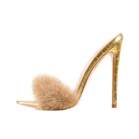 Italian Heel Peep Toe Artificial Fur Slip On Summer Sandals - Gold Crocodile