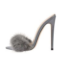 Pointed Open Toe Stiletto Heels Fur Decorated Sandals Slippers - Gray Patent Fur