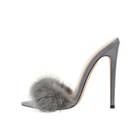 Italian Heel Peep Toe Artificial Fur Slip On Summer Sandals - Gray