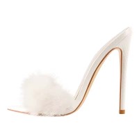 Pointed Open Toe Stiletto Heels Fur Crocodile Pattern Sandals Slippers - White Patent Fur