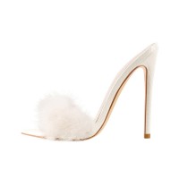 Italian Heel Peep Toe Artificial Fur Slip On Summer Sandals - White