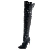 Pointed Toe Over The Knees Stiletto Heels Side Zipper Rivets Boots - Black