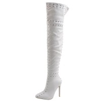 Pointed Toe Over The Knees Stiletto Heels Side Zipper Rivets Boots - White