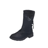Round Toe Ankle Socks Back Lace-Up Rustic Snow Winter Boots with Side Zipper - Black