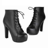 Round Toe Lace Up Block Heels Ankle Highs Low Platforms Boots - Black Faux Leather