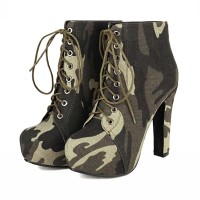 Round Toe Lace Up Block Heels Ankle Highs Low Platforms Camouflage Boots - Green Faux Leather
