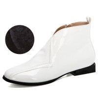 Round Toe Leaf Shaped Side Zipper Lace Up Autumn Flats Boots - White