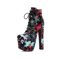 Round Toe Chunky Heels Heels Lace Up Flowers Platforms Ankle Boots with Side Zipper - Black