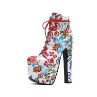 Round Toe Chunky Heels Heels Lace Up Flowers Platforms Ankle Boots with Side Zipper - Red